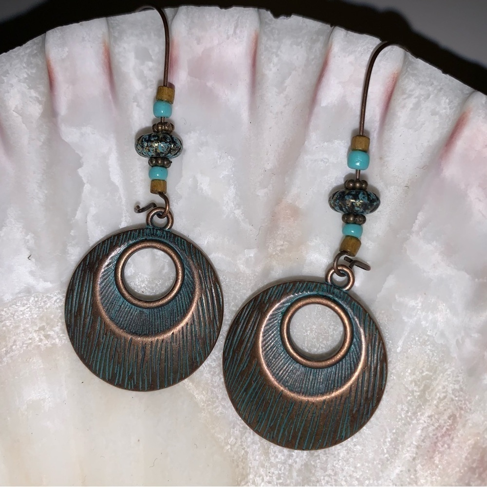 Oxidized copper turquoise beaded dangle drop earrings bohemian statement fall